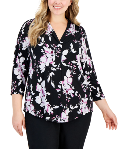 Jm Collection Plus Size Floral-print Top, Created For Macy's In Deep Black Combo