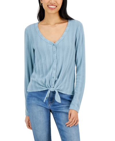 Hippie Rose Juniors' Cozy Pointelle-knit Tie-front Top In Tranquil Blue