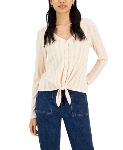 Hippie Rose Juniors' Cozy Pointelle-knit Tie-front Top In Peachy Kiss