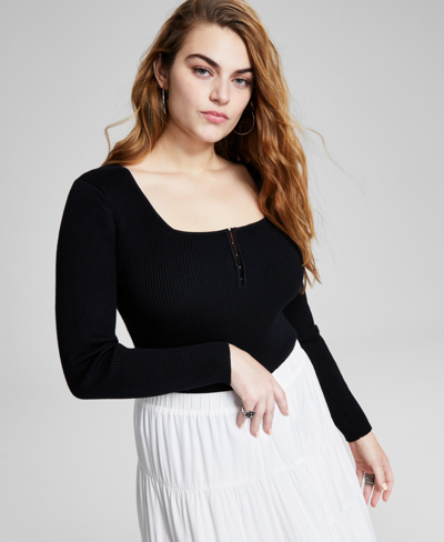 And Now This Women's Square-neck Ribbed Sweater-knit Long-sleeve Bodysuit, Created For Macy's In Black