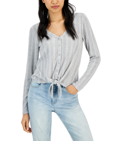 Hippie Rose Juniors' Cozy Pointelle-knit Tie-front Top In Light Heather Grey