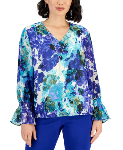 Jm Collection Plus Size Caludette Rose Smocked-sleeve Necklace Top, Created For Macy's In Modern Blue Combo