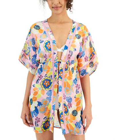 Miken Women's Crochet-trim Kimono Cover-up, Created For Macy's In Prism Pink,vibrant Orange