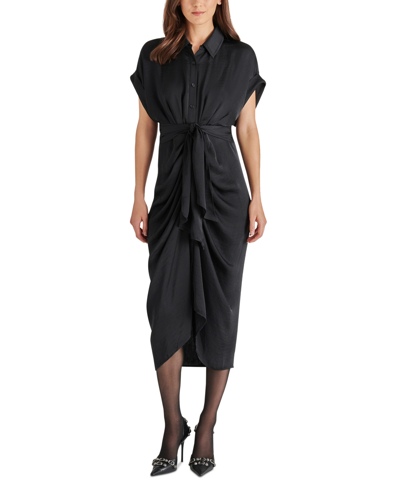 Steve Madden Tori Tie Waist Midi Shirtdress In Black