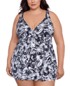 SWIM SOLUTIONS PLUS SIZE FLORAL-PRINT FLYAWAY SWIM DRESS, CREATED FOR MACY'S