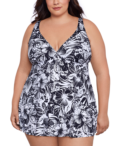 Swim Solutions Plus Size Floral-print Flyaway Swim Dress, Created For Macy's In Island Oasis Floral