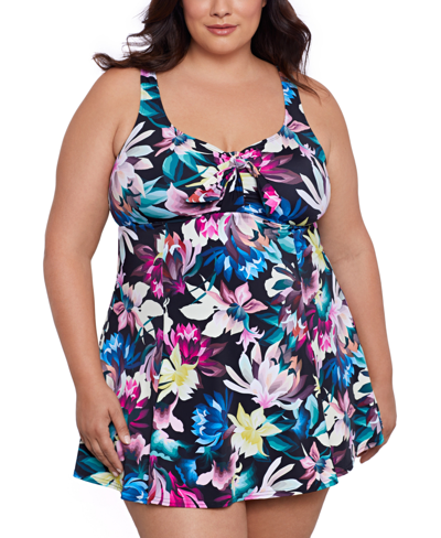 Swim Solutions Plus Size Floral-print Swim Dress, Created For Macy's In Dark Lotus