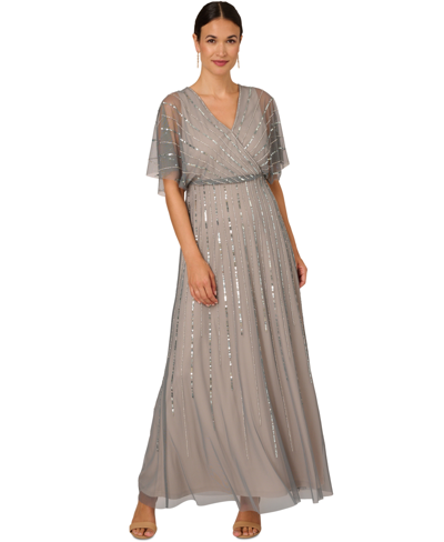 Papell Studio Women's Beaded Flutter-sleeve Gown In Pewter,silver
