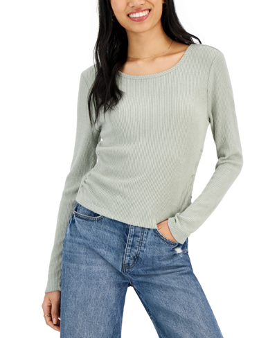 Hippie Rose Juniors' Soft Ribbed Side-ruched Long-sleeve Top In Seagrass