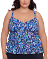 SWIM SOLUTIONS PLUS SIZE PRINTED TIERED TANKINI TOP, CREATED FOR MACY'S