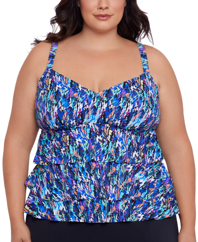 Swim Solutions Plus Size Printed Tiered Tankini Top, Created For Macy's In Rainbow Rain