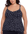 SWIM SOLUTIONS PLUS SIZE POLKA-DOT HIGH-LOW TANKINI TOP, CREATED FOR MACY'S