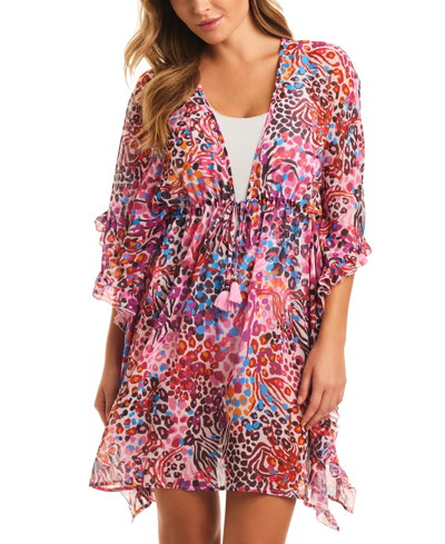 Jessica Simpson Women's Abstract-print Side-frill Cover-up Dress In Pink Multi