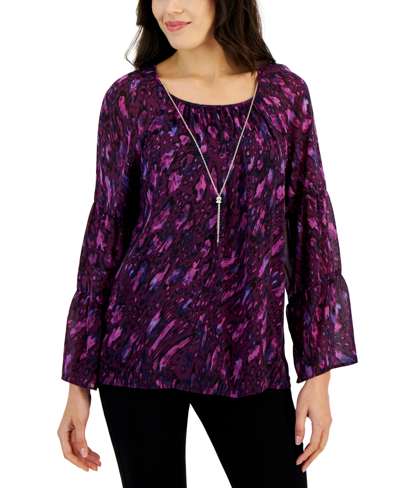 Jm Collection Women's Animal-print Necklace Top, Created For Macy's In Bitter Purple Combo