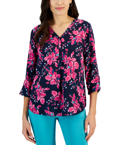Jm Collection Women's Savannah Sprout V-neck Top, Created For Macy's In Intrepid Blue Combo