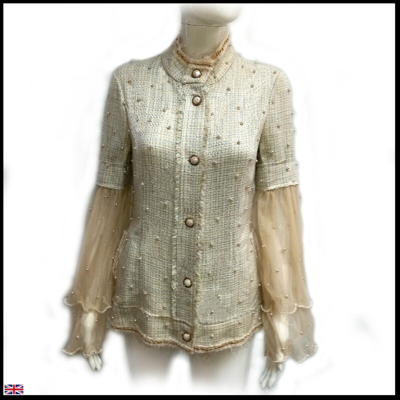 Pre-owned Fashion Woman Clothing Jacket Elegant Casual Original Luxury  Tweed Embroidered In Beige