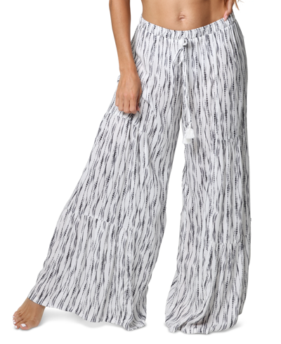 J Valdi Women's Printed Tiered Wide-leg Drawstring Pants In White,gray
