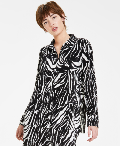 Bar Iii Petite Printed Button-front Long-sleeve Plisse Shirt, Created For Macy's In Chelsea Zebra