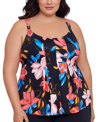SWIM SOLUTIONS PLUS SIZE FLORAL-PRINT PLEATED TANKINI TOP, CREATED FOR MACY'S