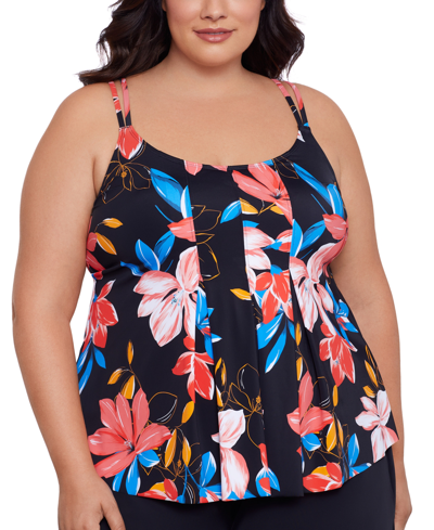 Swim Solutions Plus Size Floral-print Pleated Tankini Top, Created For Macy's In Floral Park