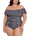 SWIM SOLUTIONS PLUS SIZE CHEETAH-PRINT OFF-THE-SHOULDER ONE PIECE SWIMSUIT, CREATED FOR MACY'S