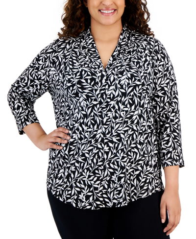 Jm Collection Plus Size Printed Veering Vine 3/4-sleeve Top, Created For Macy's In Deep Black Combo