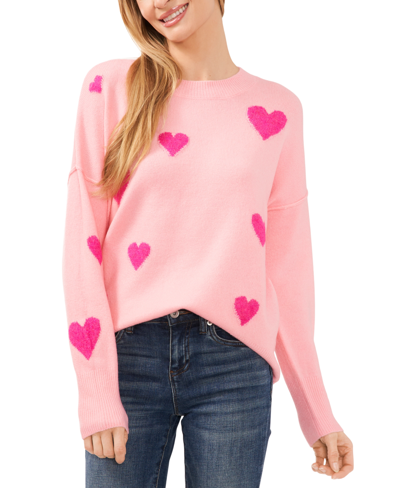 Cece Women's Heart-print Crewneck Long-sleeve Sweater In Prism Pink