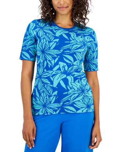 Tahari Asl Women's Crewneck Short-sleeve Sweater T-shirt In French Blue Aqua