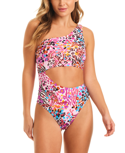 Jessica Simpson Women's Abstract-print One-shoulder Swimsuit In Pink Multi