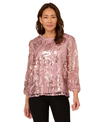 Adrianna Papell Women's Embroidered Sequin Top In Dusty Rose