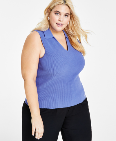 Bar Iii Plus Size Collared V-neck Sleeveless Sweater Top, Created For Macy's In Worldly Blue