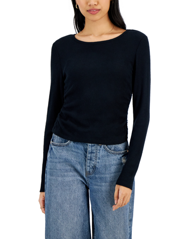 Hippie Rose Juniors' Soft Ribbed Side-ruched Long-sleeve Top In Black