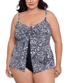 SWIM SOLUTIONS PLUS SIZE PRINTED FLYAWAY FAUXKINI ONE PIECE, CREATED FOR MACY'S