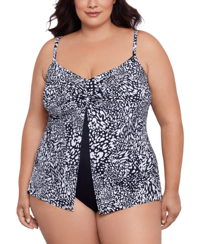 Swim Solutions Plus Size Printed Flyaway Fauxkini One Piece, Created For Macy's In Leopard Swirl