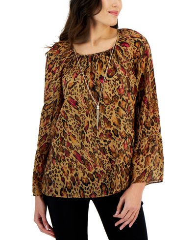 Jm Collection Women's Animal-print Necklace Top, Created For Macy's In New Fawn Combo