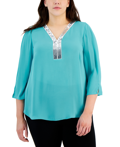 Jm Collection Plus Size Sequined-neck 3/4-sleeve Top, Created For Macy's In Seascape