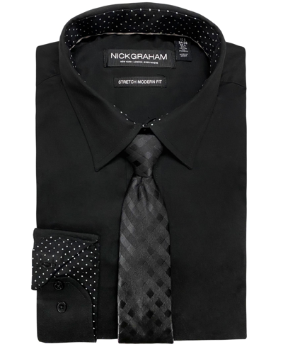 Nick Graham Men's Modern-fit Stretch Dress Shirt & Tonal Plaid Tie Set In Black