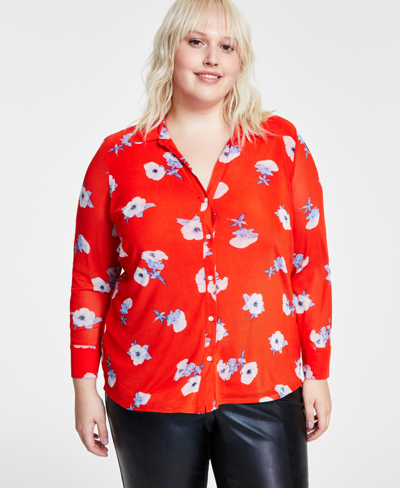 Bar Iii Plus Size Floral-print Mesh Shirt, Created For Macy's In Spice Orange Multi