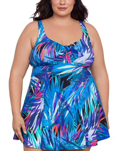 Swim Solutions Plus Size Abstract-print Bow-front Swim Dress, Created For Macy's In Flirty Tropical Leaves
