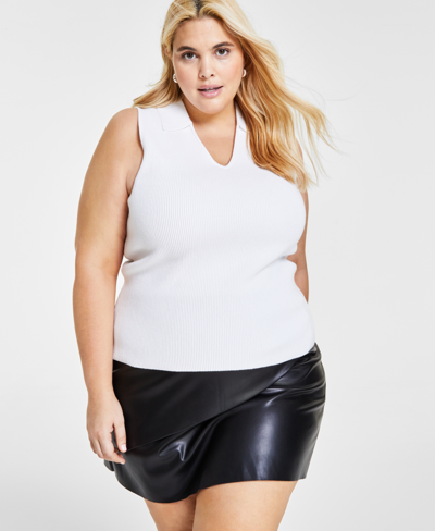 Bar Iii Plus Size Collared V-neck Sleeveless Sweater Top, Created For Macy's In Bright White