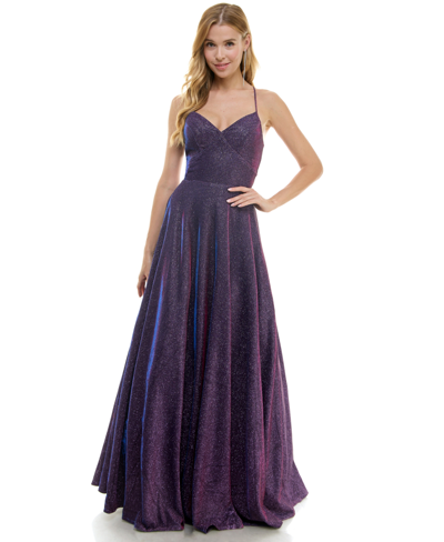 City Studios Juniors' Glitter-knit V-neck Ball Gown In Grape