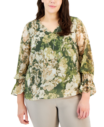 Jm Collection Plus Size Caludette Rose Smocked-sleeve Necklace Top, Created For Macy's In Tarnished Storm Combo