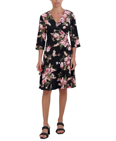 Robbie Bee Petite Floral Ruffle-skirt 3/4-sleeve Dress In Black Multi