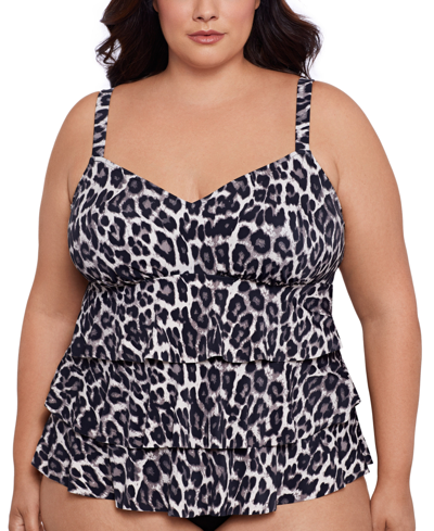 Swim Solutions Plus Size Leopard-print Tiered Tankini Top, Created For Macy's In Leaping Leopards