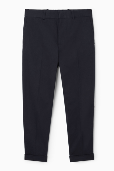 Cos Turn-up Tapered Twill Trousers In Blue