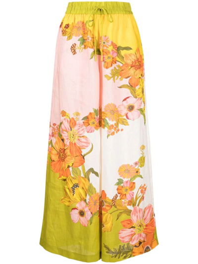 Alemais Silas Floral Linen Wide-leg Drawstring Pants In Yellow