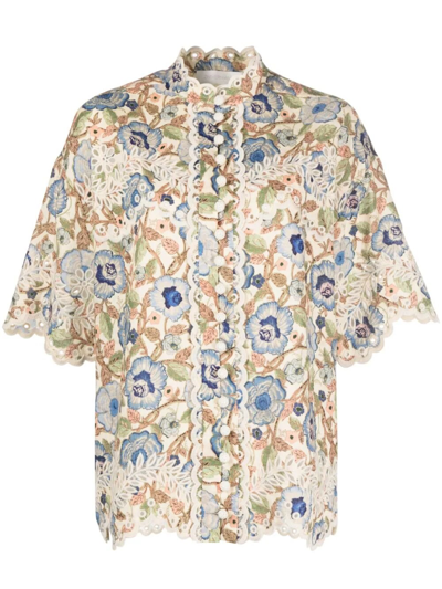 Zimmermann Women's Junie Floral Crochet-edge Shirt In Light Blue