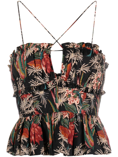 Ulla Johnson Kitty Floral Poplin Halter Peplum Top In Black