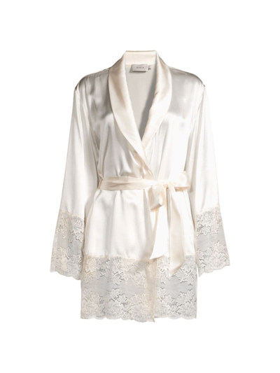 Ginia Women's Lace-trim Silk Dressing Gown In Creme