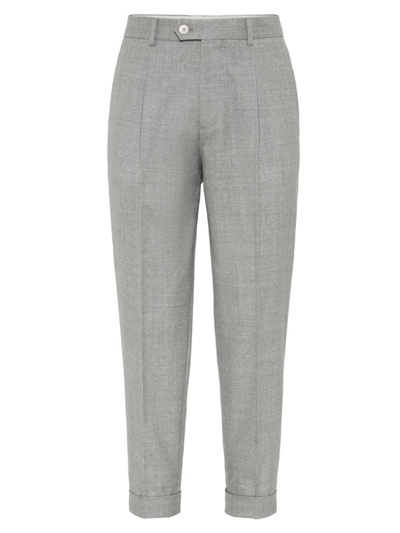 Brunello Cucinelli Men's Virgin Wool Fresco Leisure Fit Trousers With Pleats In Pearl Grey